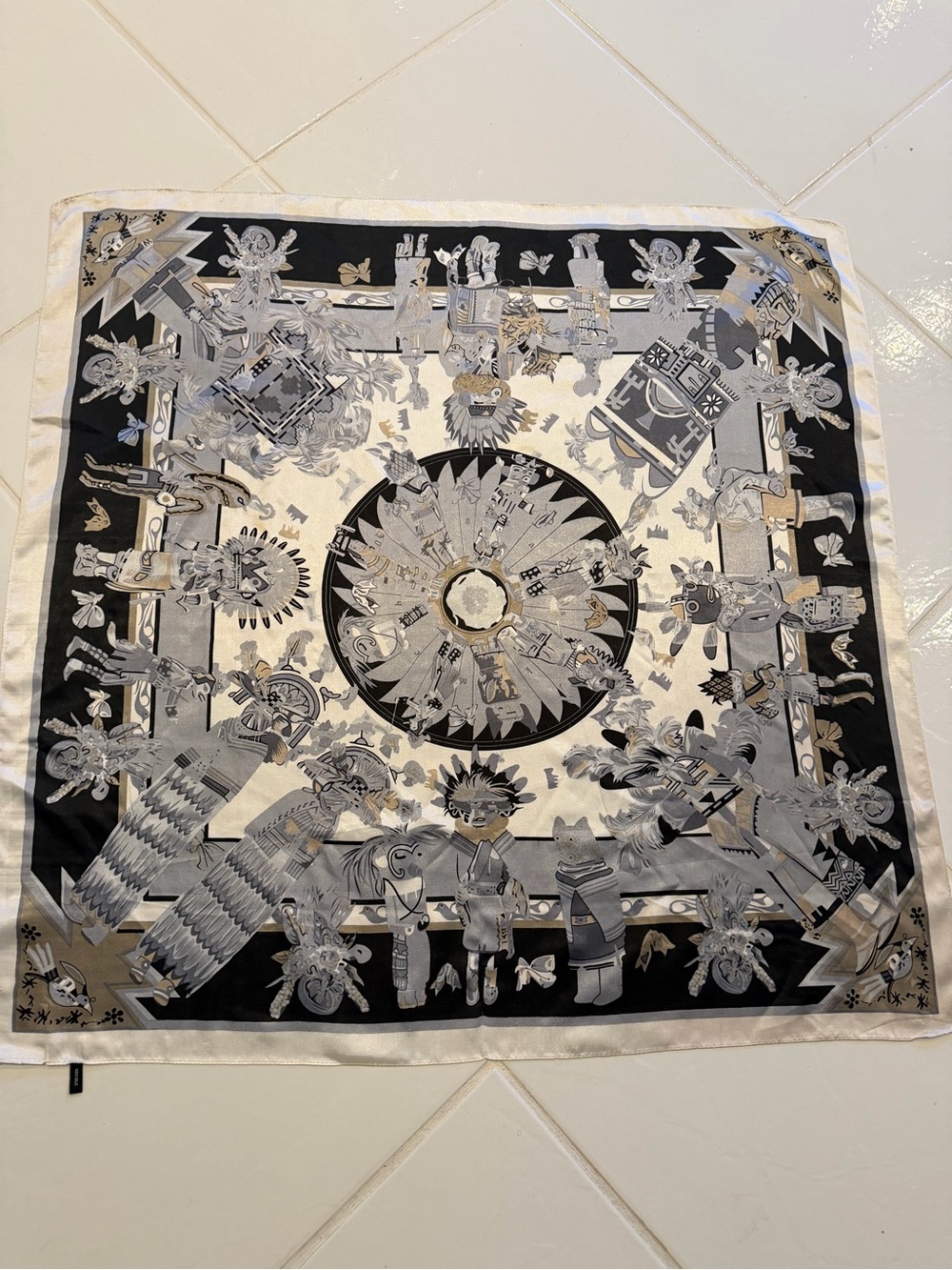 Hermes Kachinas Black, White & Gray Decorative Scarf with Tribal Motif - Picture 12 of 13